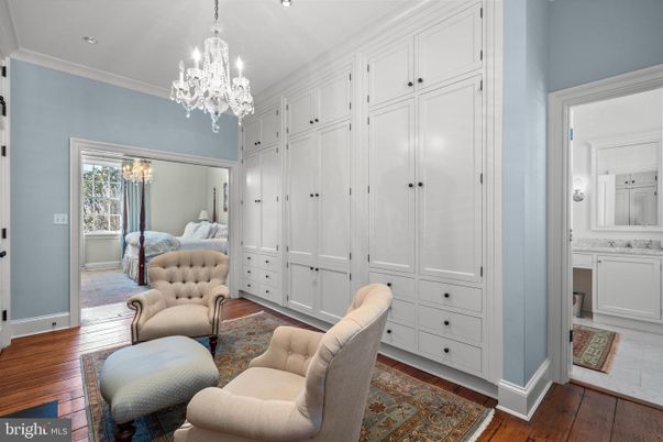 Bedroom, Chandelier, Interior, Recessed Lighting, Wood Texture Flooring
