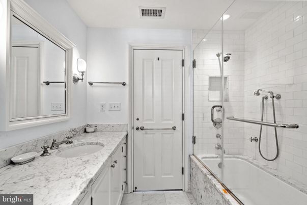 Bathroom, Dual Sink Vanities, Glass Shower, Interior, Marble, Recessed Lighting