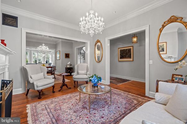 Chandelier, Fireplace, Interior, Living room, Recessed Lighting, Wood Texture Flooring