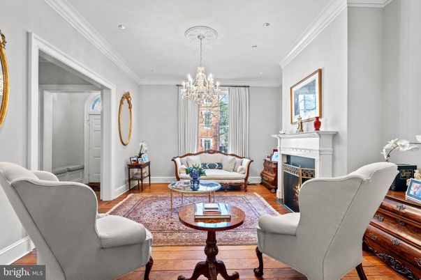 Chandelier, Fireplace, Interior, Living room, Recessed Lighting, Wood Texture Flooring