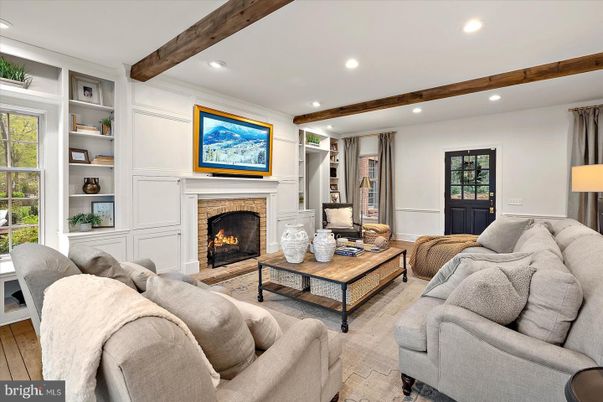 Fireplace, Interior, Living room, Recessed Lighting, Wooden Beams