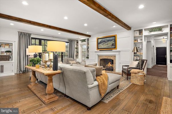 Fireplace, Interior, Living room, Recessed Lighting, Wooden Beams, Wood Texture Flooring