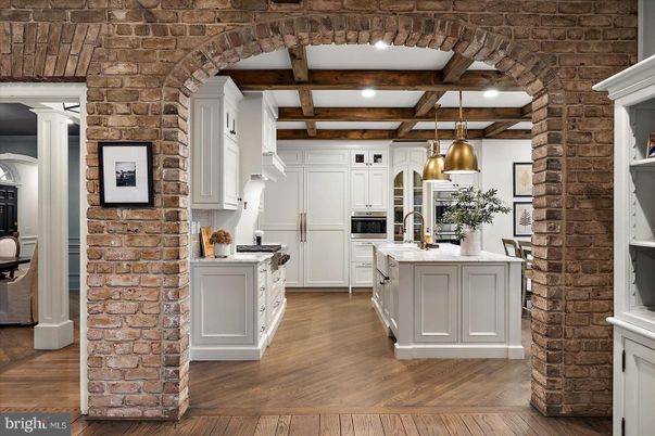 Interior, Kitchen, Pendant Lights, Recessed Lighting, Stainless Steel Appliances, Stone Walls, Wooden Beams, Wood Texture Flooring
