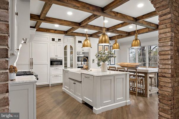 Interior, Kitchen, Pendant Lights, Recessed Lighting, Stainless Steel Appliances, Wooden Beams, Wood Texture Flooring