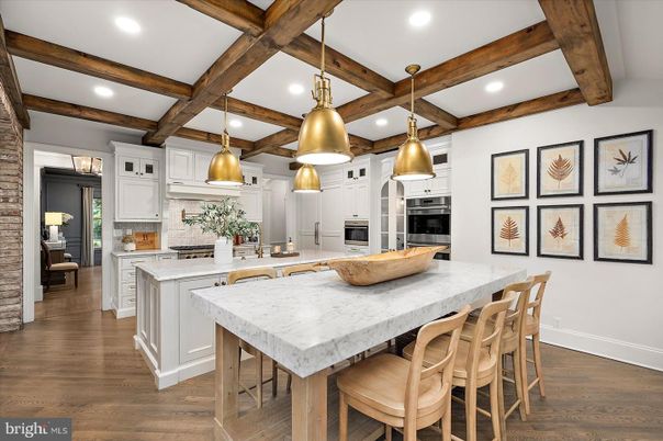 Interior, Kitchen, Pendant Lights, Recessed Lighting, Stainless Steel Appliances, Wooden Beams, Wood Texture Flooring