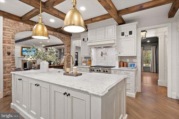 Interior, Kitchen, Pendant Lights, Recessed Lighting, Stainless Steel Appliances, Stone Walls, Wooden Beams, Wood Texture Flooring