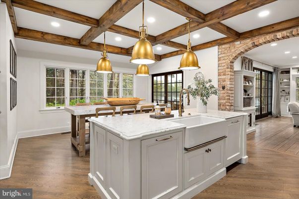 Interior, Kitchen, Pendant Lights, Recessed Lighting, Wooden Beams, Wood Texture Flooring