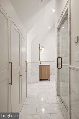 Bathroom, Glass Shower, Interior, Marble, Recessed Lighting