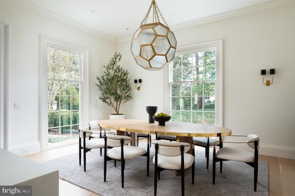 Dining room, Interior, Pendant Lights, Recessed Lighting, Wood Texture Flooring