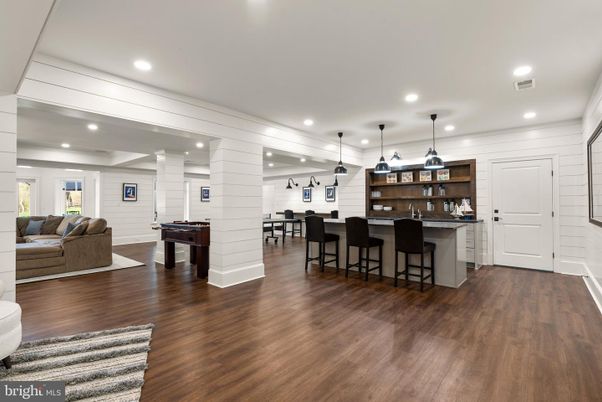 Billiard Table, Game Room, Interior, Kitchen, Pendant Lights, Recessed Lighting, Wood Texture Flooring