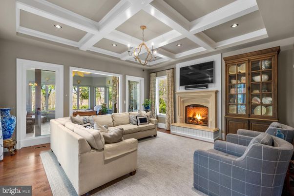Chandelier, Fireplace, Interior, Living room, Recessed Lighting, Wood Texture Flooring