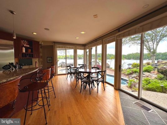 Dining room, Interior, Pendant Lights, Recessed Lighting, Wood Texture Flooring