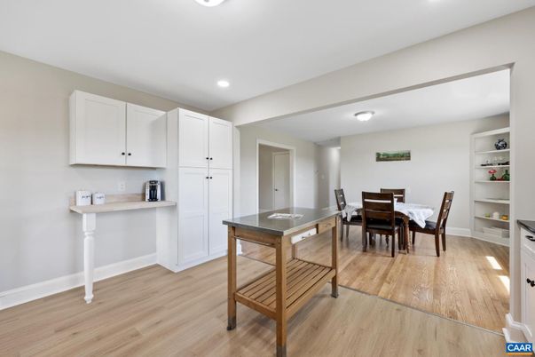 Dining room, Interior, Kitchen, Recessed Lighting, Wood Texture Flooring
