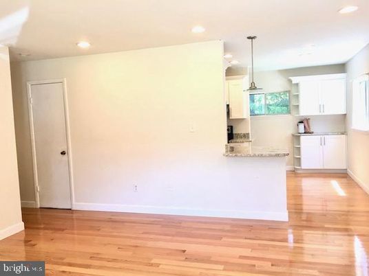 Empty room, Interior, Kitchen, Pendant Lights, Recessed Lighting, Wood Texture Flooring