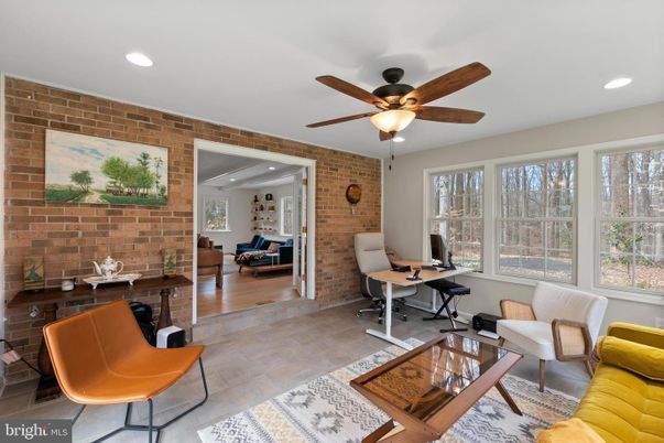 Home Office, Interior, Living room, Recessed Lighting, Stone Walls, Wood Texture Flooring