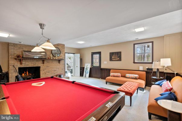 Billiard Table, Fireplace, Game Room, Interior, Living room, Pendant Lights, Recessed Lighting, Stone Walls