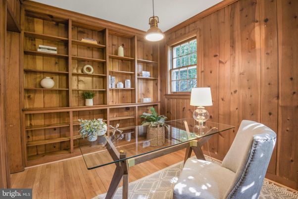 Home Office, Interior, Pendant Lights, Wood Texture Flooring, Wooden Walls