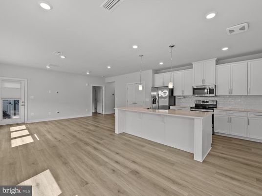 Interior, Kitchen, Pendant Lights, Recessed Lighting, Stainless Steel Appliances, Wood Texture Flooring