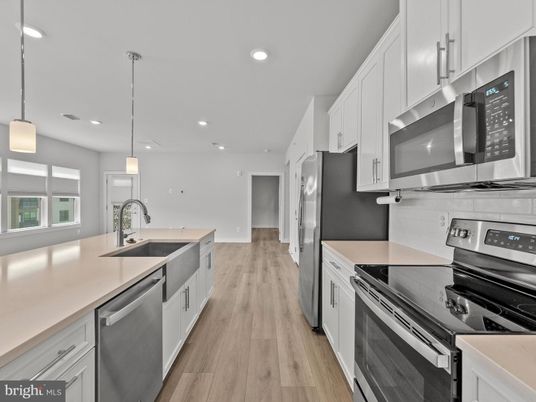 Interior, Kitchen, Pendant Lights, Recessed Lighting, Stainless Steel Appliances, Wood Texture Flooring