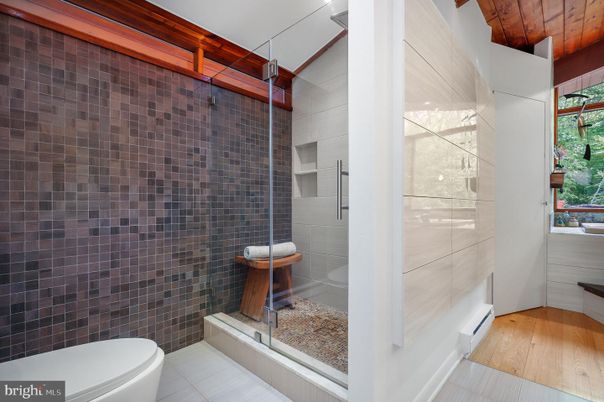 Bathroom, Glass Shower, Interior, Wood Texture Flooring