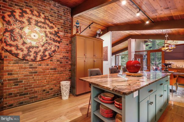 Interior, Kitchen, Pendant Lights, Stone Walls, Wooden Beams, Wooden Ceilings, Wood Texture Flooring