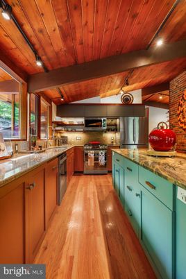 Interior, Kitchen, Recessed Lighting, Stainless Steel Appliances, Wooden Beams, Wooden Ceilings, Wood Texture Flooring
