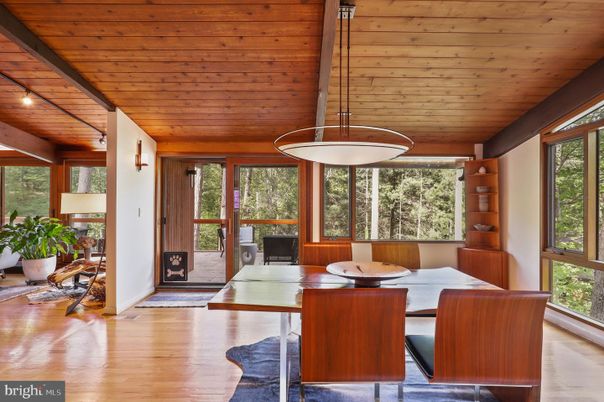 Dining room, Fireplace, Interior, Pendant Lights, Wooden Ceilings, Wood Texture Flooring
