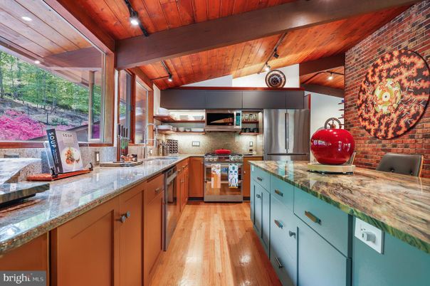 Interior, Kitchen, Recessed Lighting, Stainless Steel Appliances, Stone Walls, Wooden Beams, Wooden Ceilings, Wood Texture Flooring