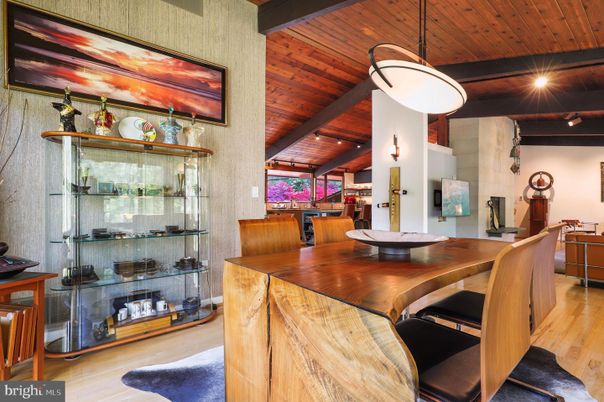 Dining room, Interior, Pendant Lights, Wooden Beams, Wooden Ceilings, Wood Texture Flooring