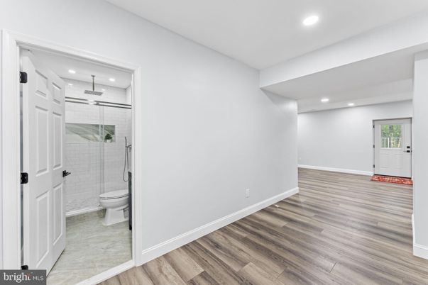 Bathroom, Glass Shower, Interior, Recessed Lighting, Wood Texture Flooring