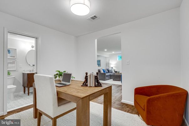 Bathroom, Dining room, Interior, Living room, Recessed Lighting, Wood Texture Flooring