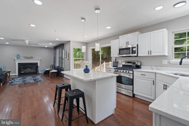 Fireplace, Interior, Kitchen, Pendant Lights, Recessed Lighting, Stainless Steel Appliances, Wood Texture Flooring