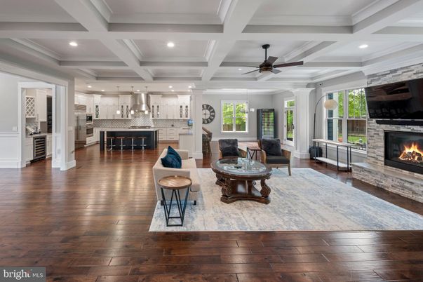 Fireplace, Interior, Kitchen, Living room, Recessed Lighting, Wood Texture Flooring