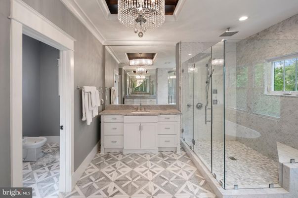 Bathroom, Chandelier, Glass Shower, Interior, Marble, Recessed Lighting