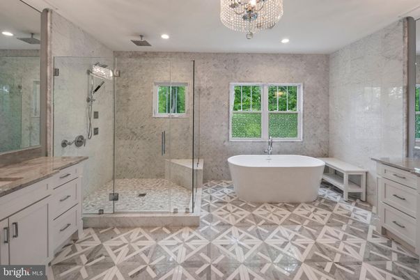 Bathroom, Chandelier, Free Standing Baths, Glass Shower, Interior, Marble Walls, Recessed Lighting