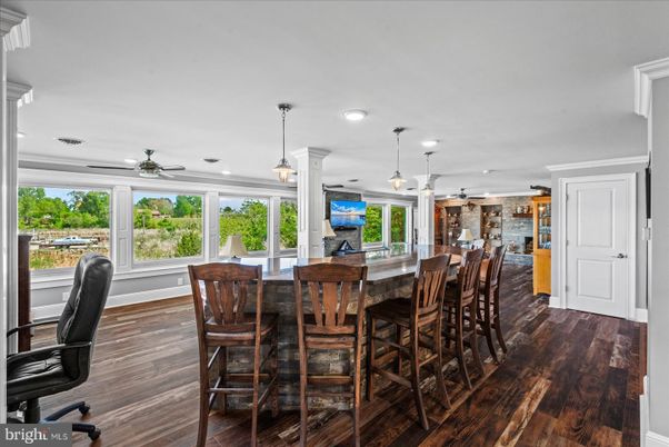 Dining room, Interior, Pendant Lights, Recessed Lighting, Stone Walls, Wood Texture Flooring