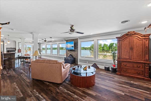 Dining room, Fireplace, Interior, Kitchen, Living room, Pendant Lights, Recessed Lighting, Wood Texture Flooring