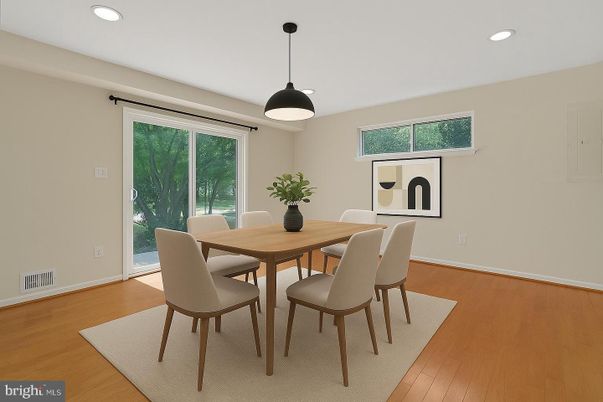 Dining room, Interior, Pendant Lights, Recessed Lighting, Wood Texture Flooring