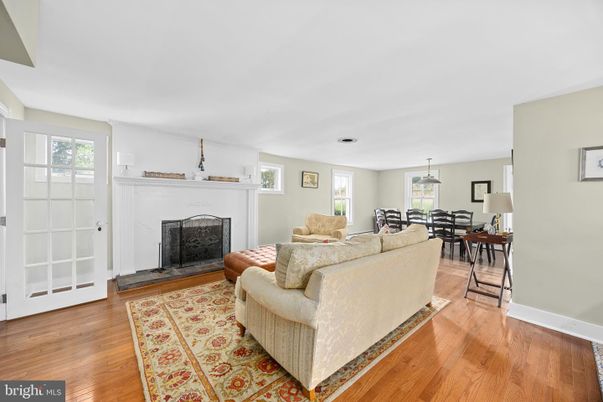 Dining room, Fireplace, Interior, Living room, Pendant Lights, Wood Texture Flooring