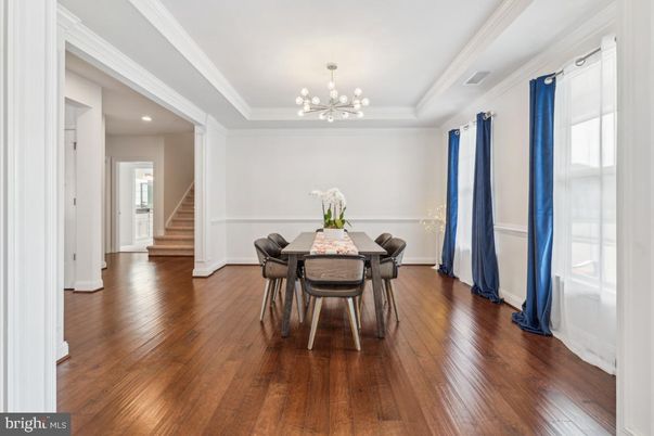 Dining room, Interior, Pendant Lights, Recessed Lighting, Wood Texture Flooring