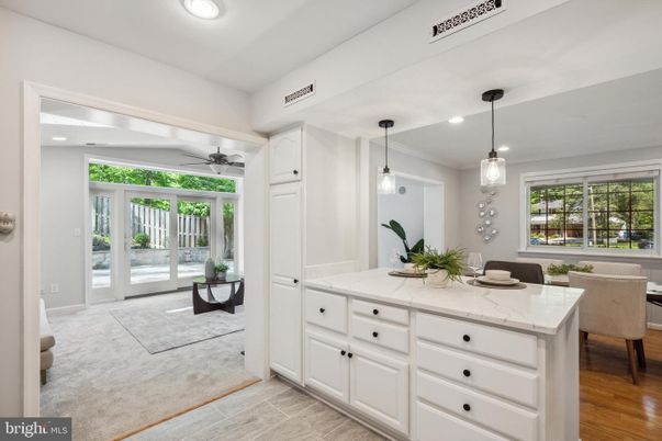 Dining room, Interior, Pendant Lights, Recessed Lighting, Wood Texture Flooring
