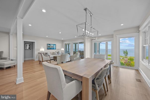 Dining room, Interior, Living room, Pendant Lights, Recessed Lighting, Water, Wood Texture Flooring