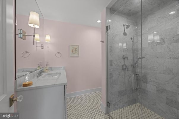 Bathroom, Glass Shower, Interior, Marble Walls, Recessed Lighting