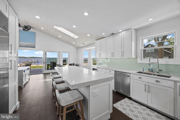 Interior, Kitchen, Recessed Lighting, Stainless Steel Appliances, Water, Wood Texture Flooring