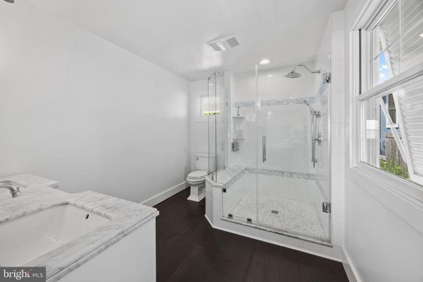 Bathroom, Glass Shower, Interior, Recessed Lighting, Wood Texture Flooring