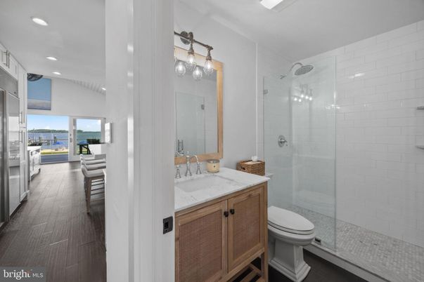 Bathroom, Glass Shower, Interior, Recessed Lighting, Wood Texture Flooring