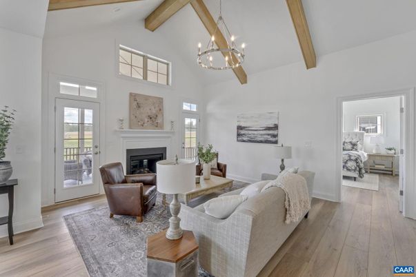 Fireplace, Interior, Living room, Pendant Lights, Wooden Beams, Wood Texture Flooring