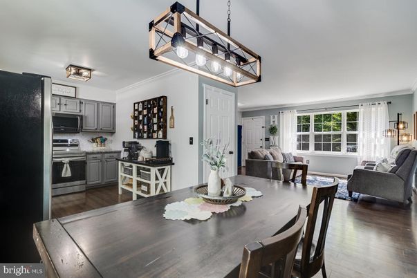 Dining room, Interior, Kitchen, Living room, Pendant Lights, Stainless Steel Appliances, Wood Texture Flooring