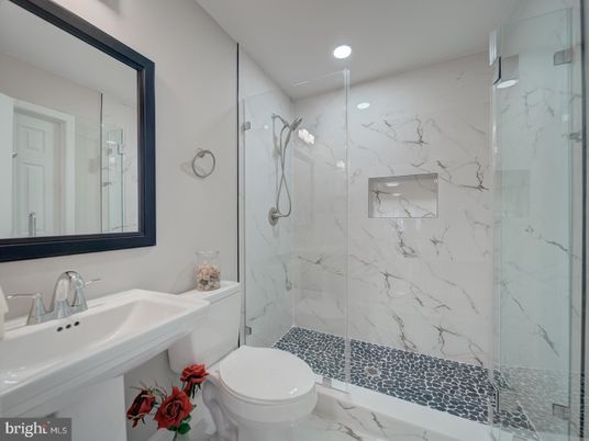Bathroom, Glass Shower, Interior, Marble, Marble Walls, Recessed Lighting