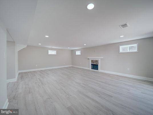 Empty room, Fireplace, Interior, Recessed Lighting, Wood Texture Flooring